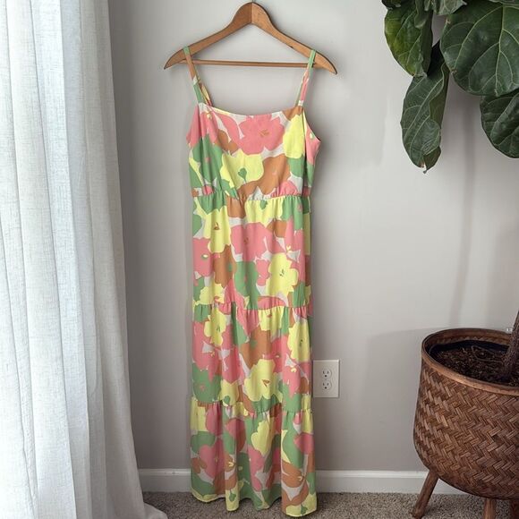 Social Standard Colorful Pink Yellow Smocked Floral Midi Sundress Dress - Picture 2 of 6